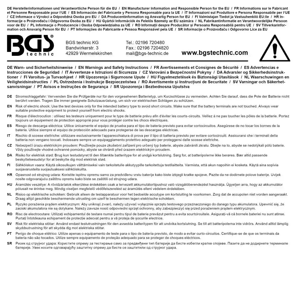 Herstellerinformationen zu Batteriepolklemmen für 63506 mit Flachsicherung von BGS technic. Enthält Sicherheits- und Kontaktangaben für EU-Markt.