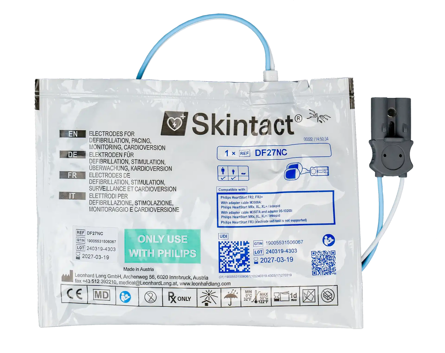 Philips Heartstart FR2 Elektroden DF27NC Ersatzprodukt mit Kabel und Stecker, geeignet für AEDs im medizinischen Notfalleinsatz.