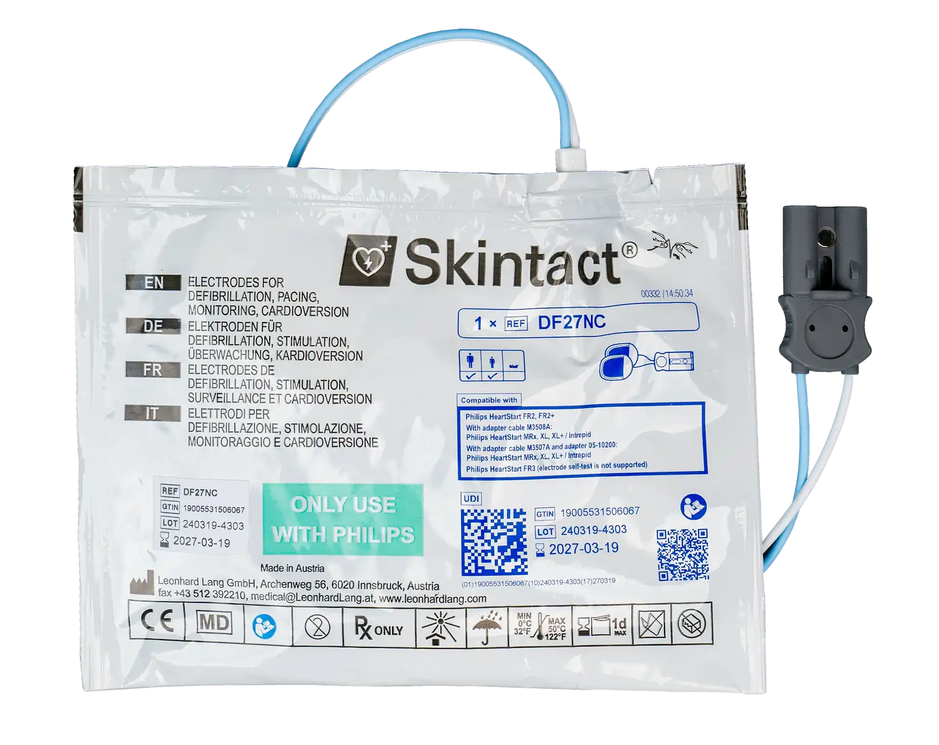 Philips Heartstart FR2 Elektroden DF27NC Ersatzprodukt mit Kabel und Stecker, geeignet für AEDs im medizinischen Notfalleinsatz.