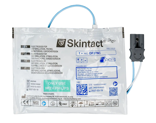 Philips Heartstart FR2 Elektroden DF27NC Ersatzprodukt mit Kabel und Stecker, geeignet für AEDs im medizinischen Notfalleinsatz.