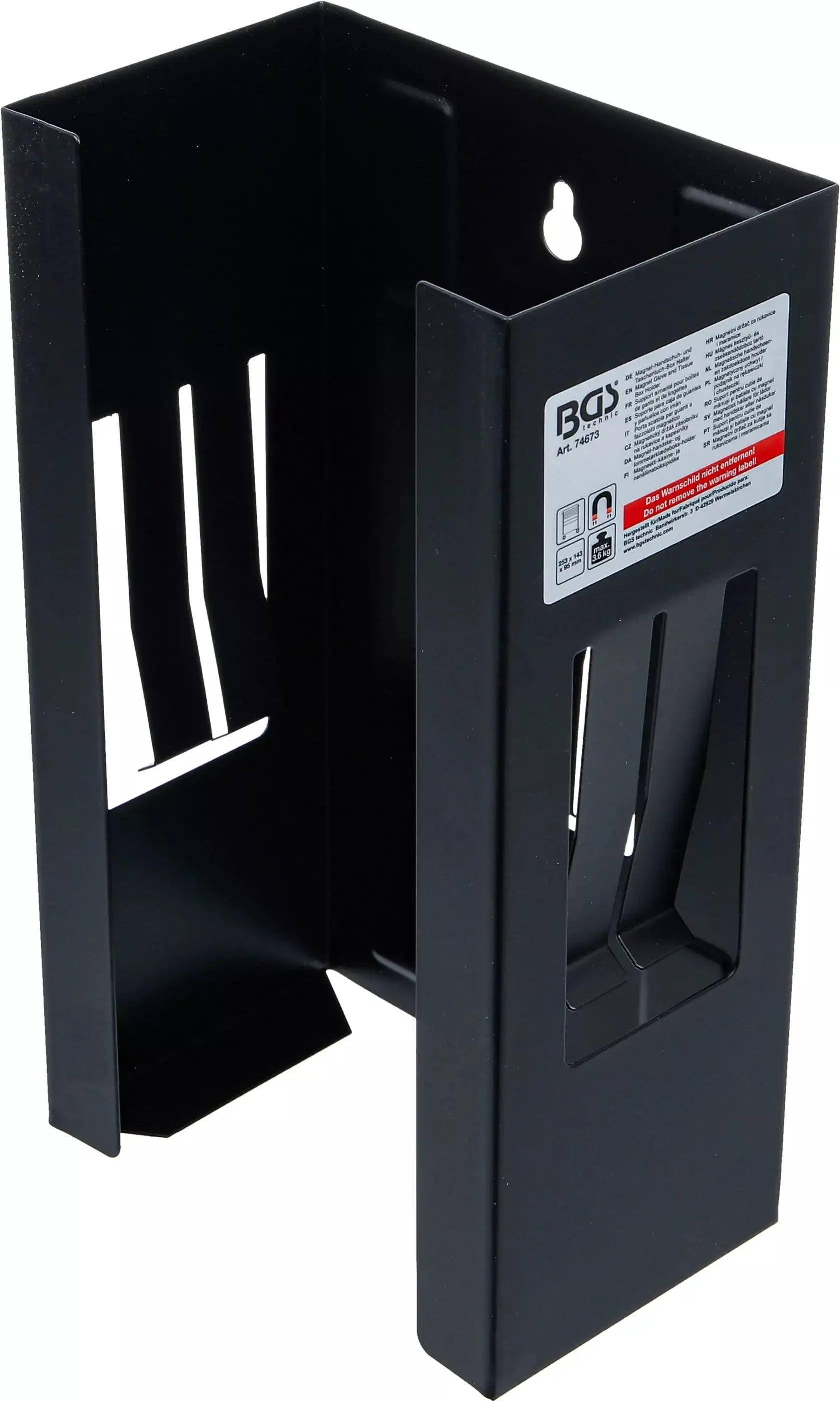 Magnetischer Handschuhhalter aus schwarzem Metall zur Wandmontage, ideal zur Aufbewahrung von Einweghandschuhboxen in Werkstätten.