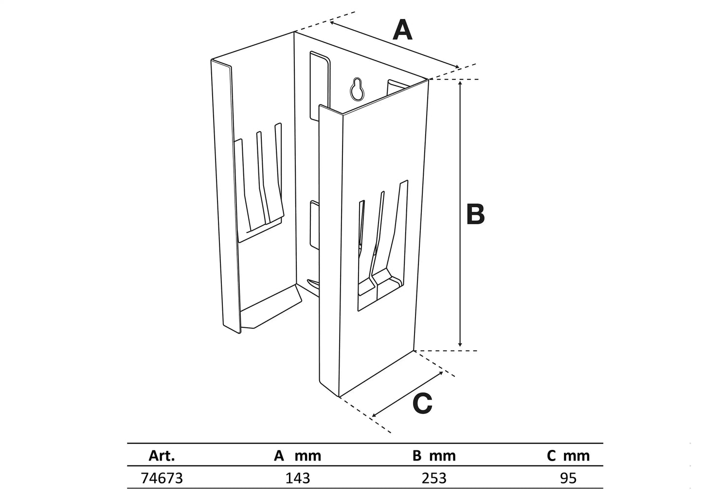 Technische Zeichnung des magnetischen Handschuhhalters mit Maßangaben A: 143 mm, B: 253 mm, C: 95 mm für präzise Planung im Industriebereich.