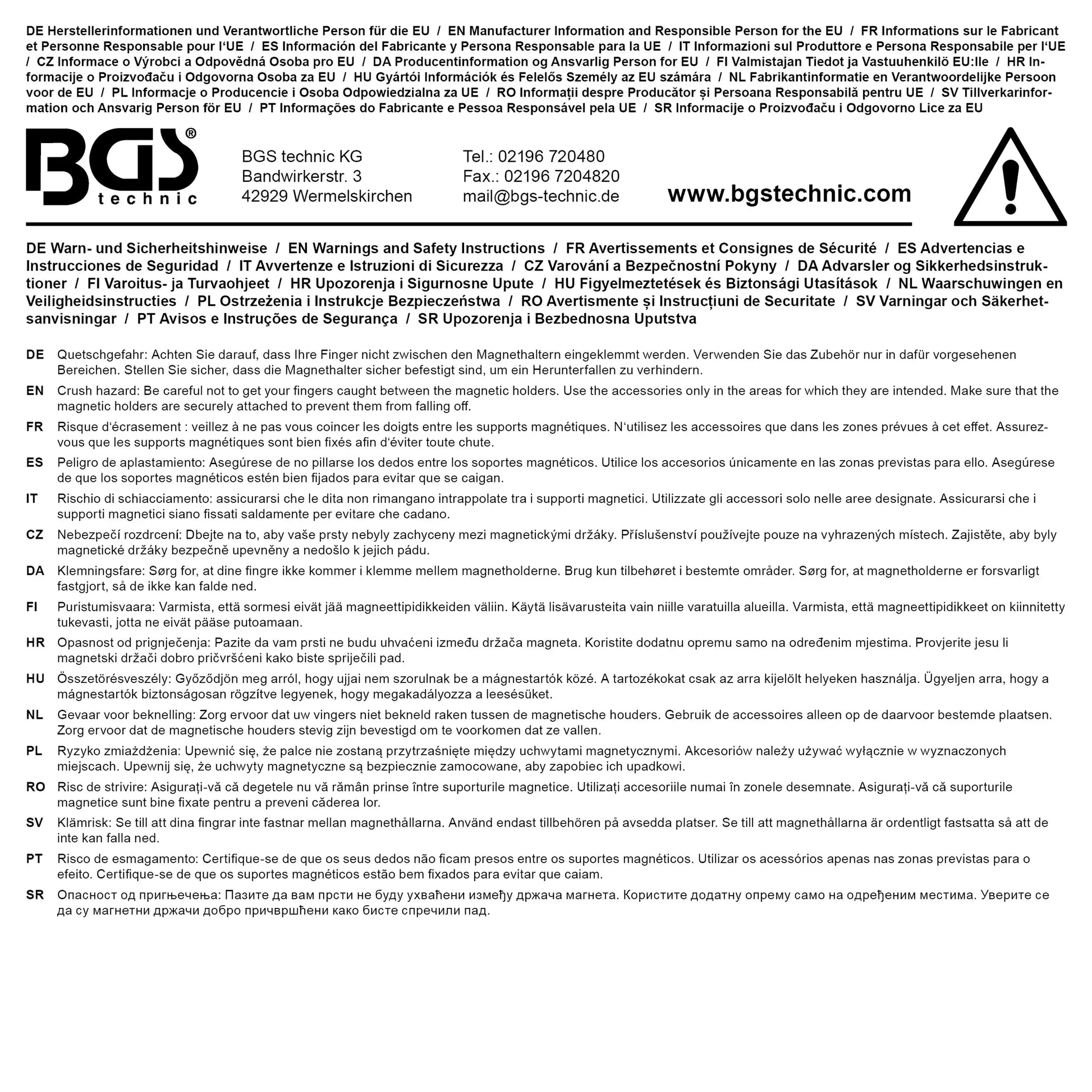 Mehrsprachige Sicherheits- und Herstellerinformationen für den magnetischen Handschuhhalter von BGS technic, geeignet für den industriellen Einsatz.