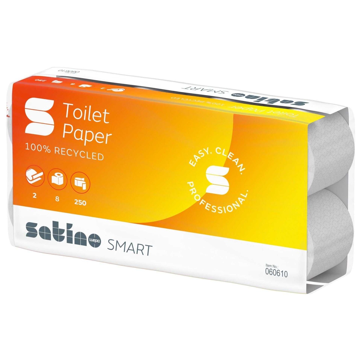 SATINO SMART Toilettenpapier – 2-lagig, 250 Blatt, weiß in hygienischer Verpackung mit Recycling-Hinweis. Ideal für Haushalt und Gewerbe.