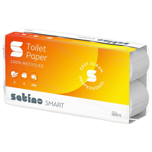 SATINO SMART Toilettenpapier – 2-lagig, 250 Blatt, weiß in hygienischer Verpackung mit Recycling-Hinweis. Ideal für Haushalt und Gewerbe.
