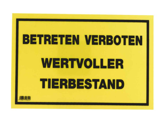 Warnschild Betreten verboten - Tierbestand schützen in Gelb mit schwarzer Aufschrift. Ideal für Stallungen und Tierhaltungsbereiche.