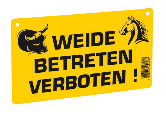 Warnschild Weide - Betreten Verboten aus Kunststoff in Gelb mit schwarzem Aufdruck, 30x20 cm, ideal zur Absicherung von Weideflächen.