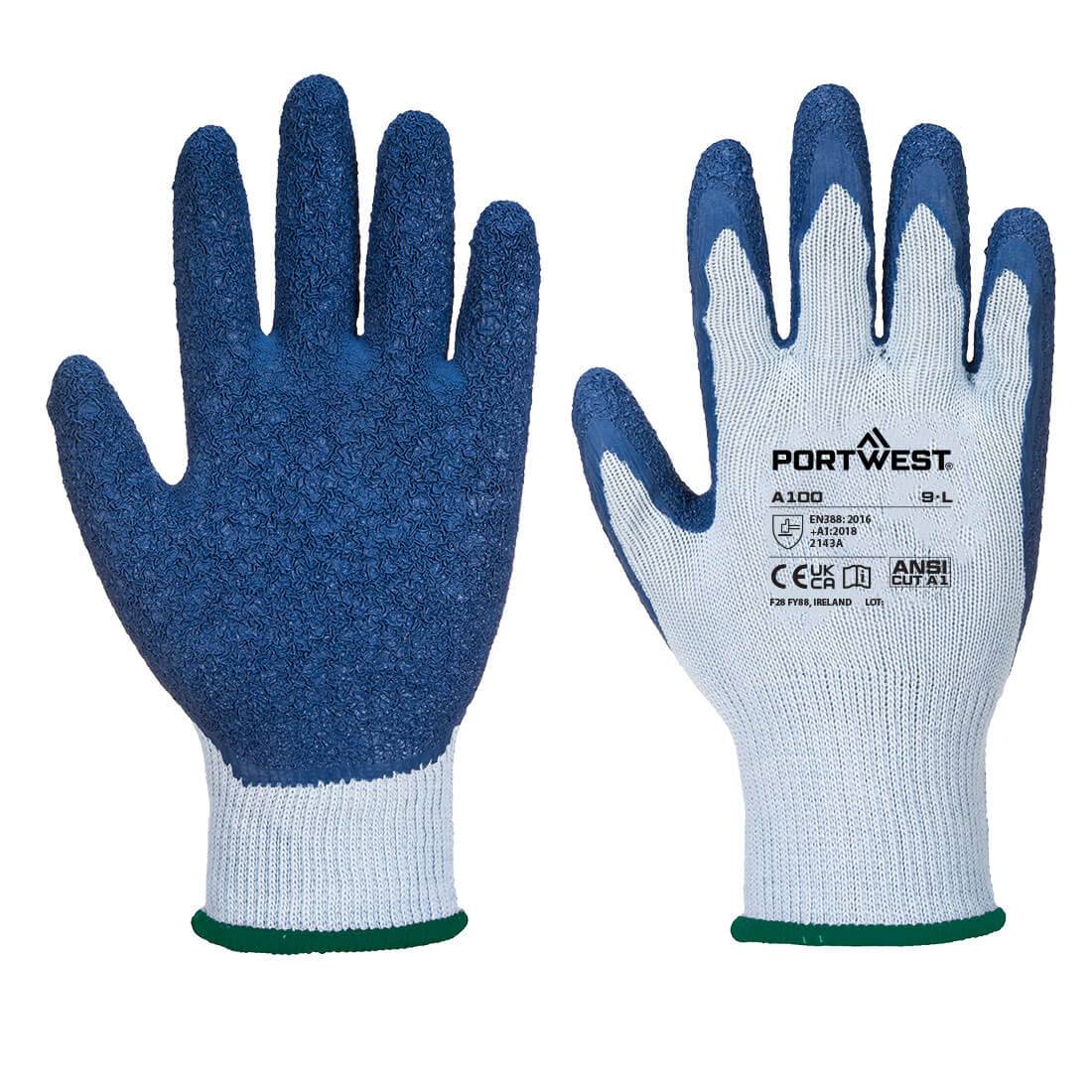 Grip Latex-Handschuh A100 Portwest in Blau mit strukturierter Handfläche für optimalen Halt bei Industrie- und Sicherheitsarbeiten.