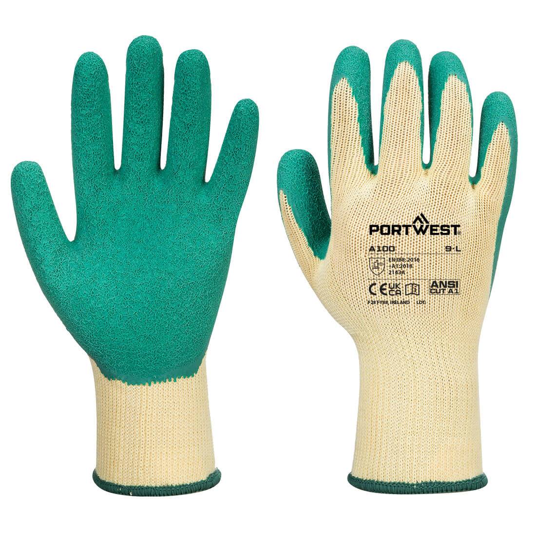 Grip Latex-Handschuh A100 Portwest in Grün mit gelbem Trägermaterial, ideal für chemikalienresistente Einsätze im Arbeitsschutz.