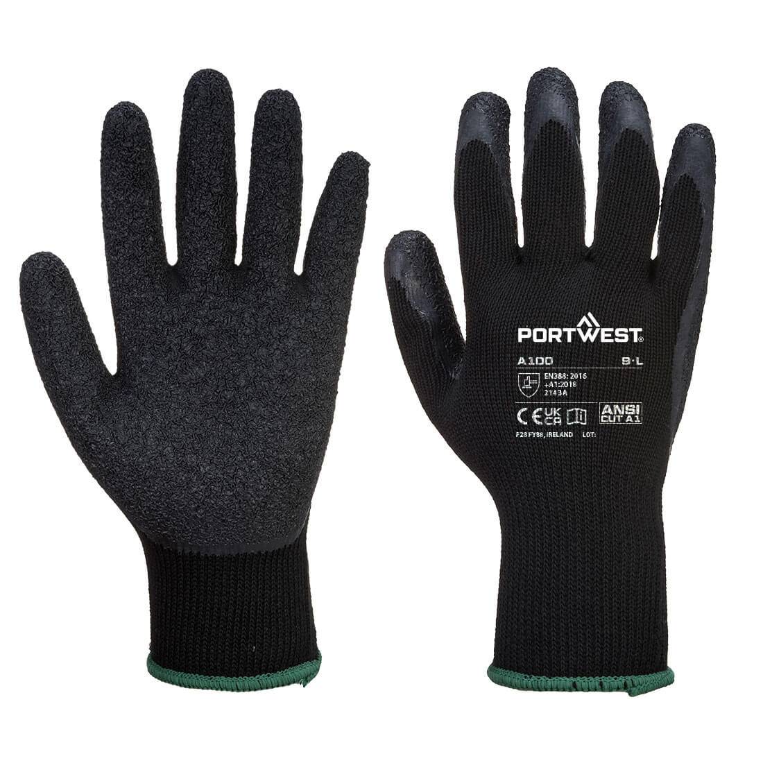 Grip Latex-Handschuh A100 Portwest in Schwarz mit griffiger Beschichtung, geeignet für industrielle Sicherheitsanwendungen.