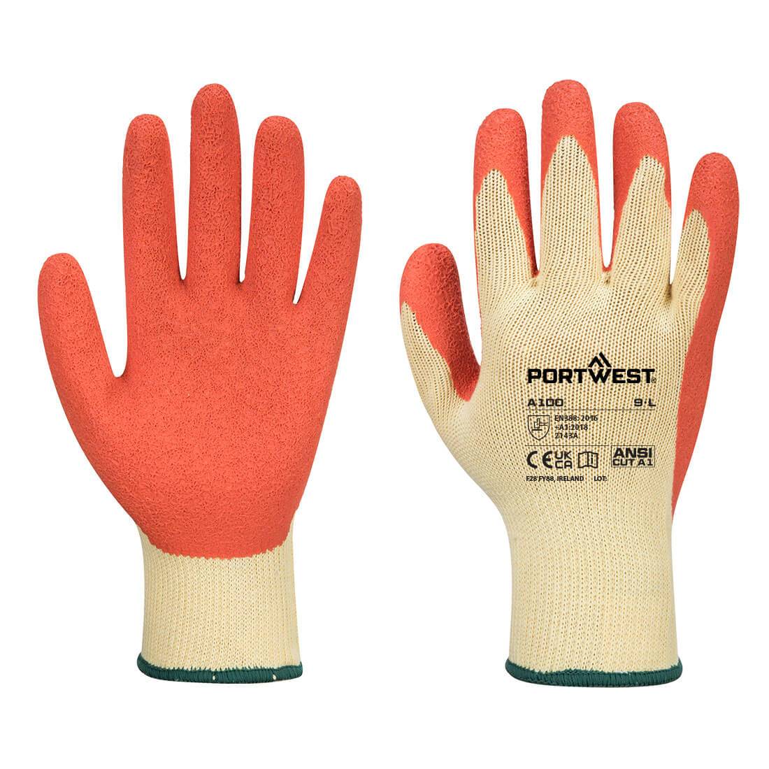 Grip Latex-Handschuh A100 Portwest in Orange mit beigem Träger, bietet sicheren Griff bei Arbeiten mit Chemikalien und Maschinen.