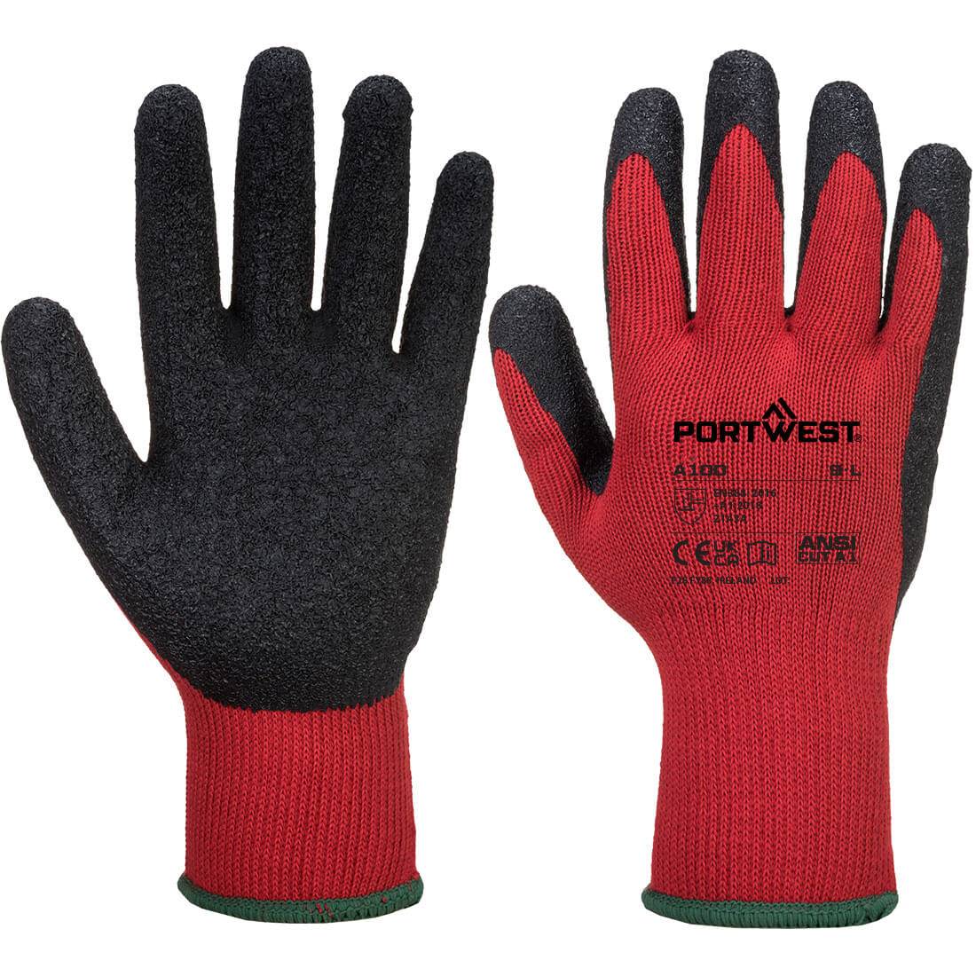 Grip Latex-Handschuh A100 Portwest in Rot-Schwarz mit robuster Oberfläche, ideal für den Einsatz in Industrie und Arbeitsschutz.
