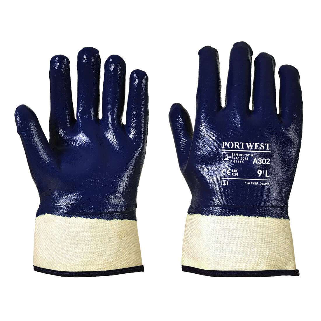 Vollgetauchter Nitrilhandschuh mit Stulpe A302 Portwest Marine in Dunkelblau mit beigem Baumwollfutter, ideal für chemikalienresistente Sicherheit.