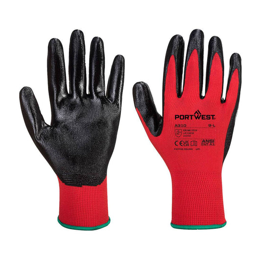 Flexo Grip Nitril Handschuh A310 in Rot/Schwarz mit hoher Abriebfestigkeit, ideal für Montage- und Wartungsarbeiten im Industriebereich.
