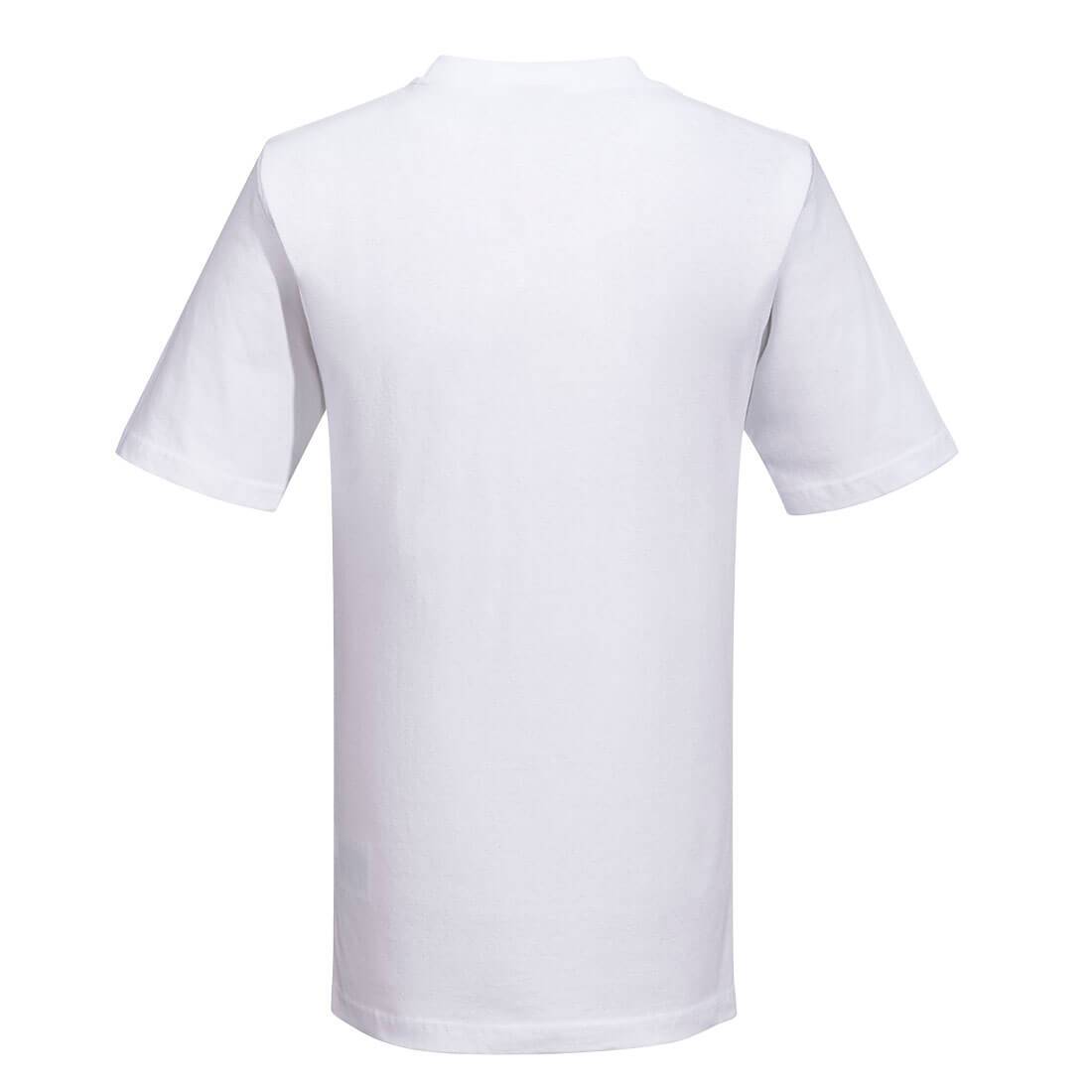 Rückseite des weißen T-Shirt Turin Premium B195 Portwest aus 100 % Baumwolle (195 g/m²), ideal für individuelle Bedruckung im Arbeitsumfeld.