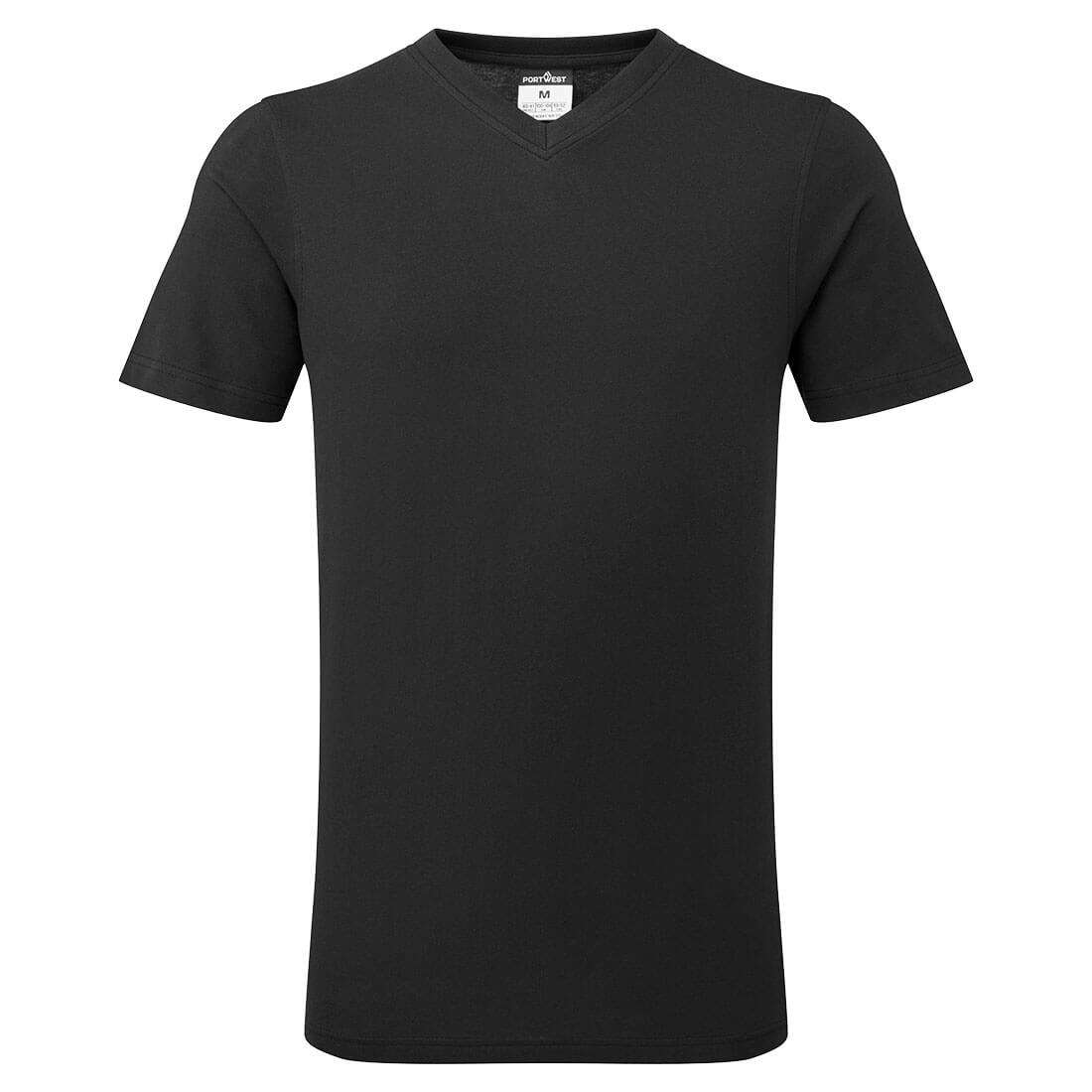 Vorderansicht des schwarzen T-Shirts mit V-Ausschnitt – bequemes Baumwollshirt für Fans & Sammler, ideal für Freizeit & Hobby.