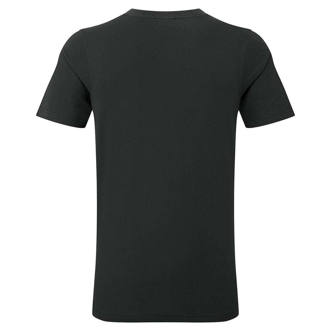 Rückansicht des schwarzen T-Shirts mit V-Ausschnitt – aus 100 % Baumwolle, perfekt für kreative Sammler & sportliche Outfits.