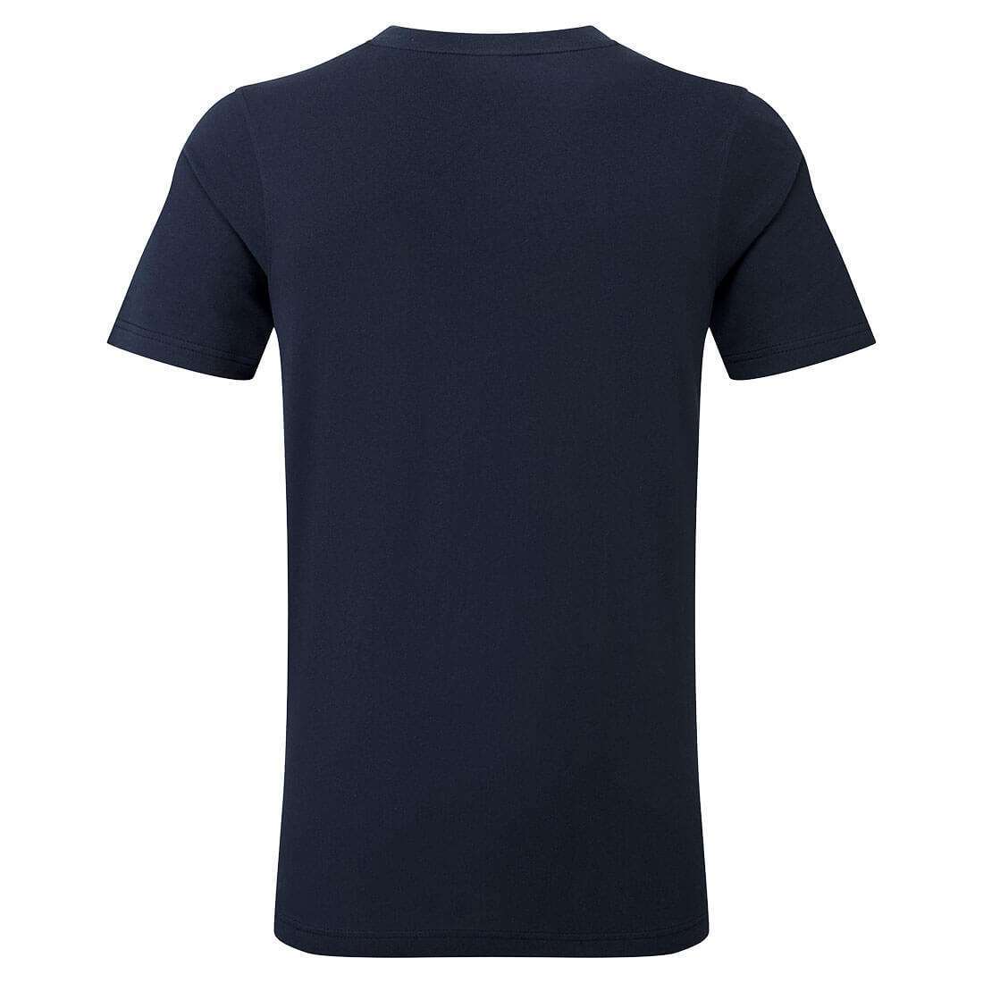 Rückansicht des navyblauen T-Shirts mit V-Ausschnitt – 100 % Baumwolle, atmungsaktiv & bequem für Freizeit oder Berufsbekleidung.