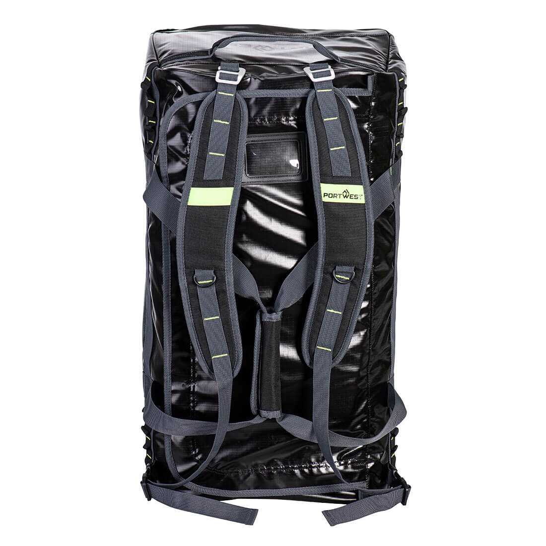 Schwarze wasserdichte Bekleidungstasche B950 mit 70L Volumen, Rucksackfunktion und ergonomischen Gurten für vielseitige Transportmöglichkeiten.