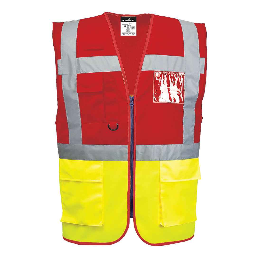 Paris Hi-Vis Weste - Sicherheitsweste in Rot/Gelb mit 7 funktionalen Taschen, Reflexstreifen und ID-Halter, zertifiziert nach EN ISO 20471.
