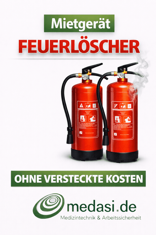 Zwei rote ABC Pulver Feuerlöscher zur Miete mit Rauchentwicklung, ideal zur Brandbekämpfung im Haushalt oder Gewerbe. Feuerlöscher mieten bei medasi.de.
