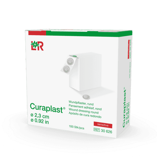 Curaplast Pflasterstrips 2,3cm - 100 Stück in Spenderkarton, sensitive Wundpflaster mit hautfreundlichem Kleber und Netzfolie für empfindliche Haut.