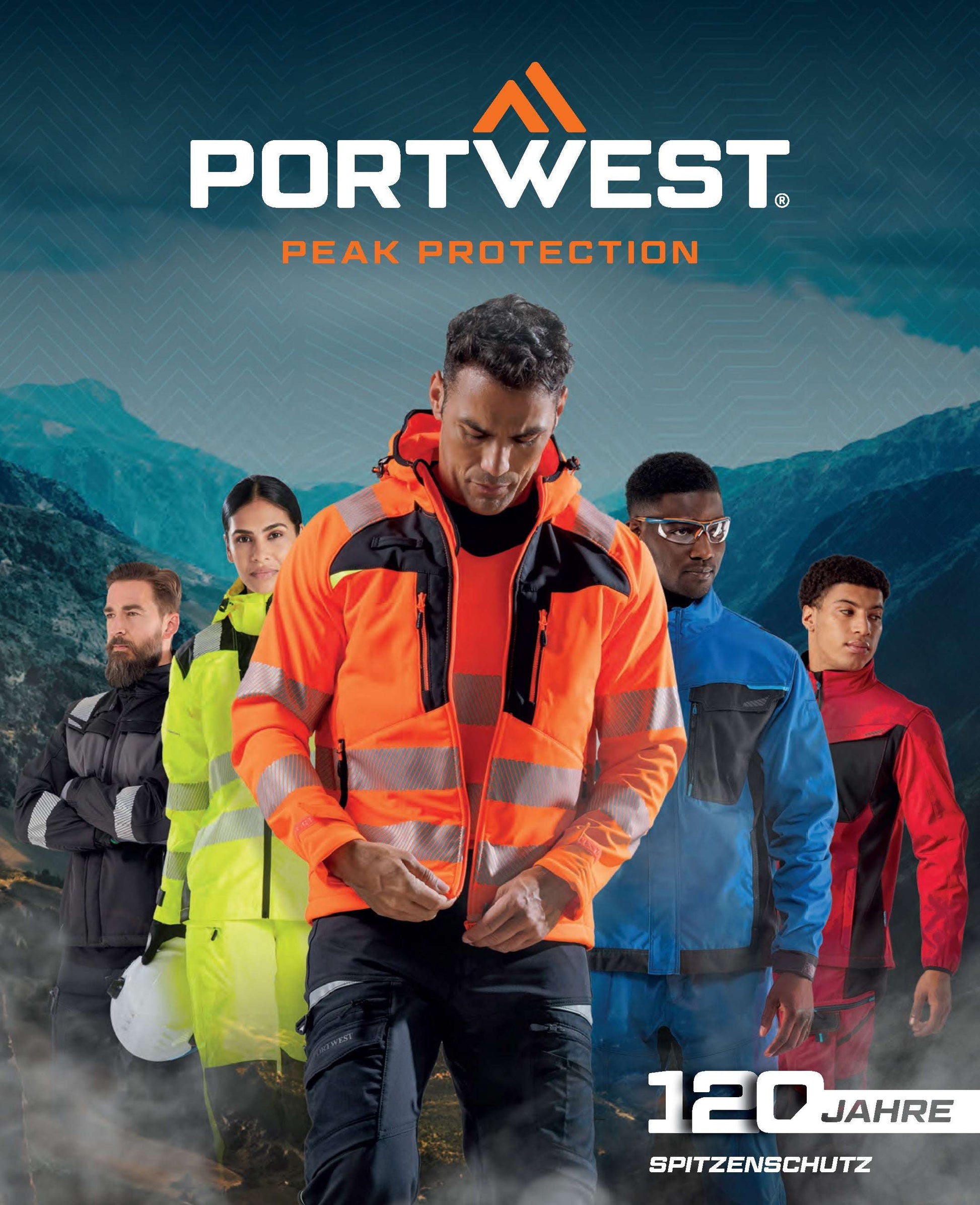 Katalog Portwest Blätterkatalog oder gedrukte Ausgabe mit Arbeitskleidung und PSA für Industrie und Handwerk, Titelbild mit Modellen in Schutzkleidung.