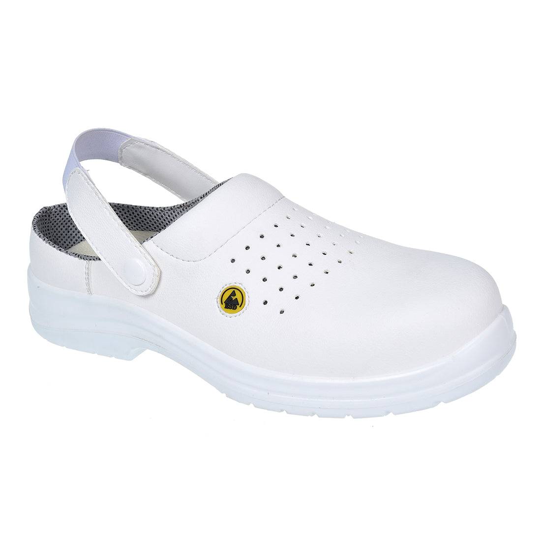 Weißer Sicherheits-Clog FC03 – ESD, perforiert und metallfrei von Portwest, ideal für hygienische Arbeitsbereiche wie Labor oder Küche.