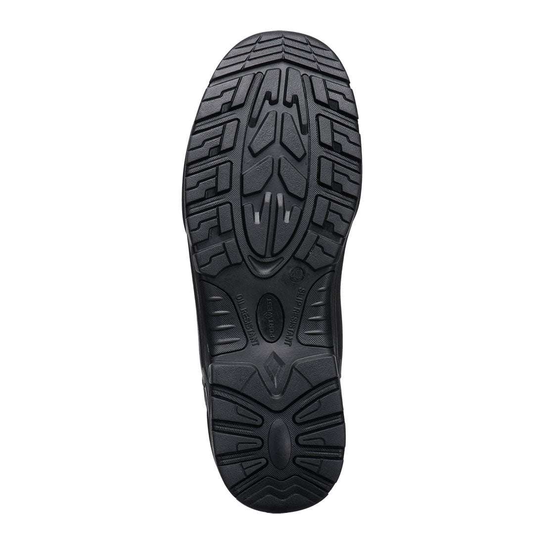 Profilierte, rutschfeste Laufsohle der S3 FC38 Portwest Sicherheitsschuhe – ideal für sicheren Halt auf glatten und unebenen Arbeitsflächen.