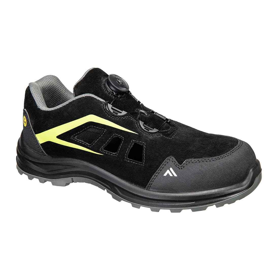 S1 Sandale Composite FE06 ESD SR FO mit Drahtschnürsystem in Schwarz und Gelb, rutschfeste Sohle, ideal für ESD-geschützte Arbeitsbereiche.