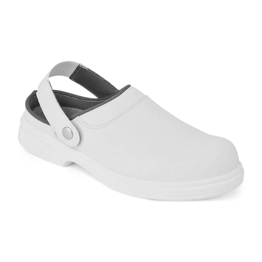 Weißer Sicherheitsclog FW82 Portwest - SB AE WRU mit antistatischer Sohle und rutschfestem Design für Reinraum und Hygienebereiche.