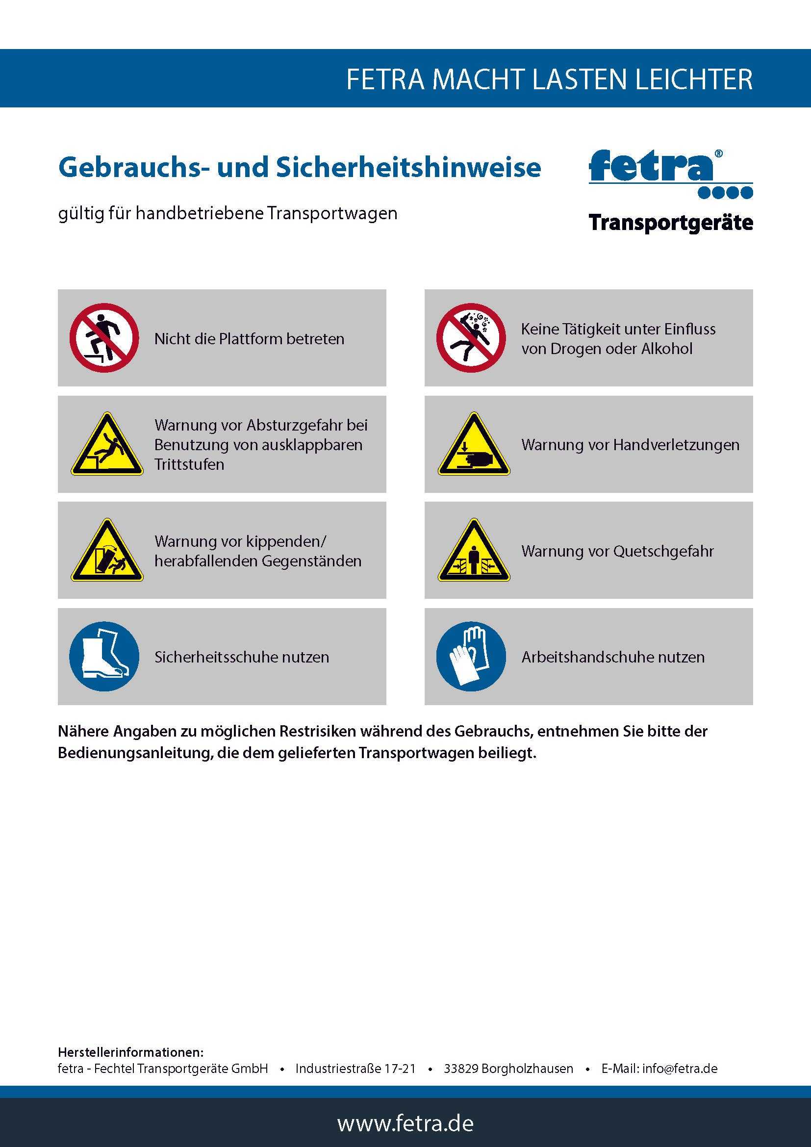 Sicherheits- und Gebrauchshinweise für Magazinwagen 300 kg Tragkraft von fetra, geeignet für industrielle Materialhandhabung.