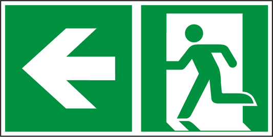 Notausgangsschild links – Kombischild ISO 7010 E001 + E005 mit Pfeil und Fluchtweg-Symbol, langnachleuchtend und selbstklebend für Innenbereiche.