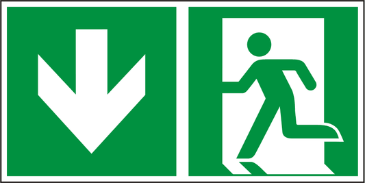 Rettungswegschild ISO Notausgangszeichen 300x150mm mit Pfeil nach unten. Langnachleuchtendes, selbstklebendes Kunststoffschild für Etagenwechsel.