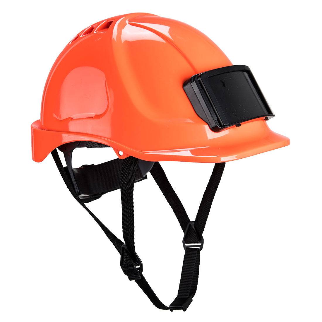 Portwest Endurance Helm mit Ausweishalter PB55 in Orange mit verstellbarem Kinnriemen. Ideal für Baustellen und industrielle Sicherheit.