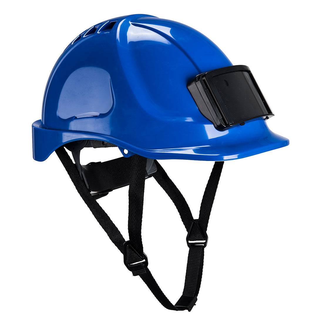 Blauer Portwest Endurance Helm PB55 mit Ausweisfach und verstellbarem Kinnriemen für sicheres Arbeiten im gewerblichen Bereich.