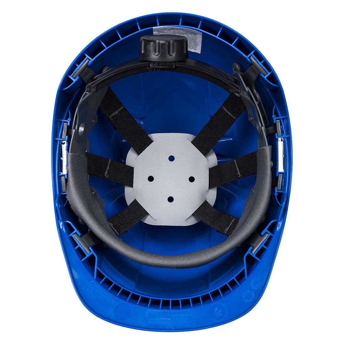 Innenansicht des blauen Portwest Endurance Helms PB55 mit gepolstertem Stirnband und Belüftung für komfortablen Arbeitsschutz.