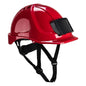 Roter Portwest Endurance Helm PB55 mit Ausweishalter und Kinnriemen für zuverlässigen Schutz auf Baustellen und in Industrieumgebungen.