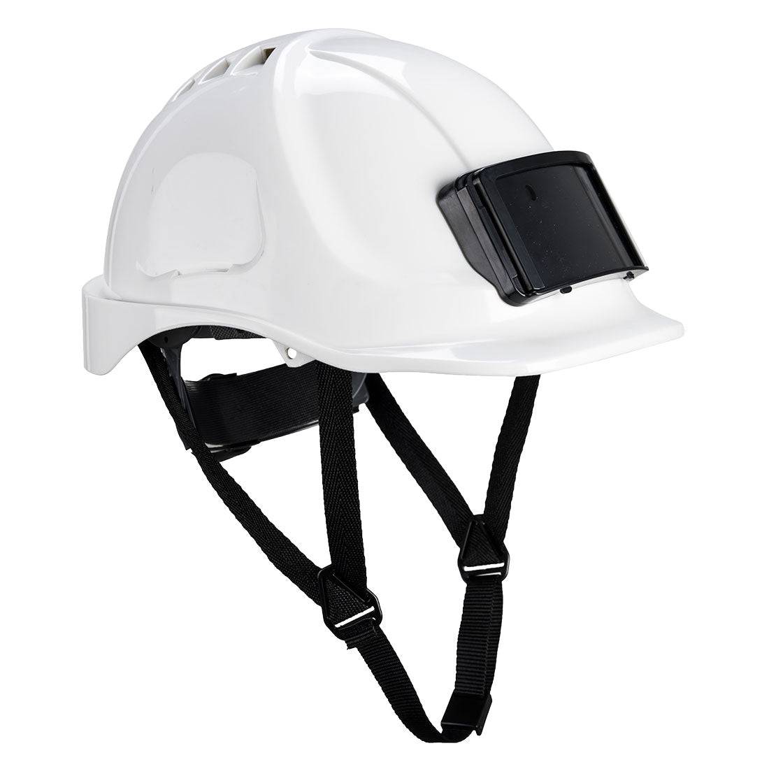 Weißer Portwest Endurance Schutzhelm PB55 mit integriertem Ausweishalter für professionelle Sicherheitsanforderungen in Industrie und Bau.