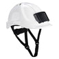 Weißer Portwest Endurance Schutzhelm PB55 mit integriertem Ausweishalter für professionelle Sicherheitsanforderungen in Industrie und Bau.