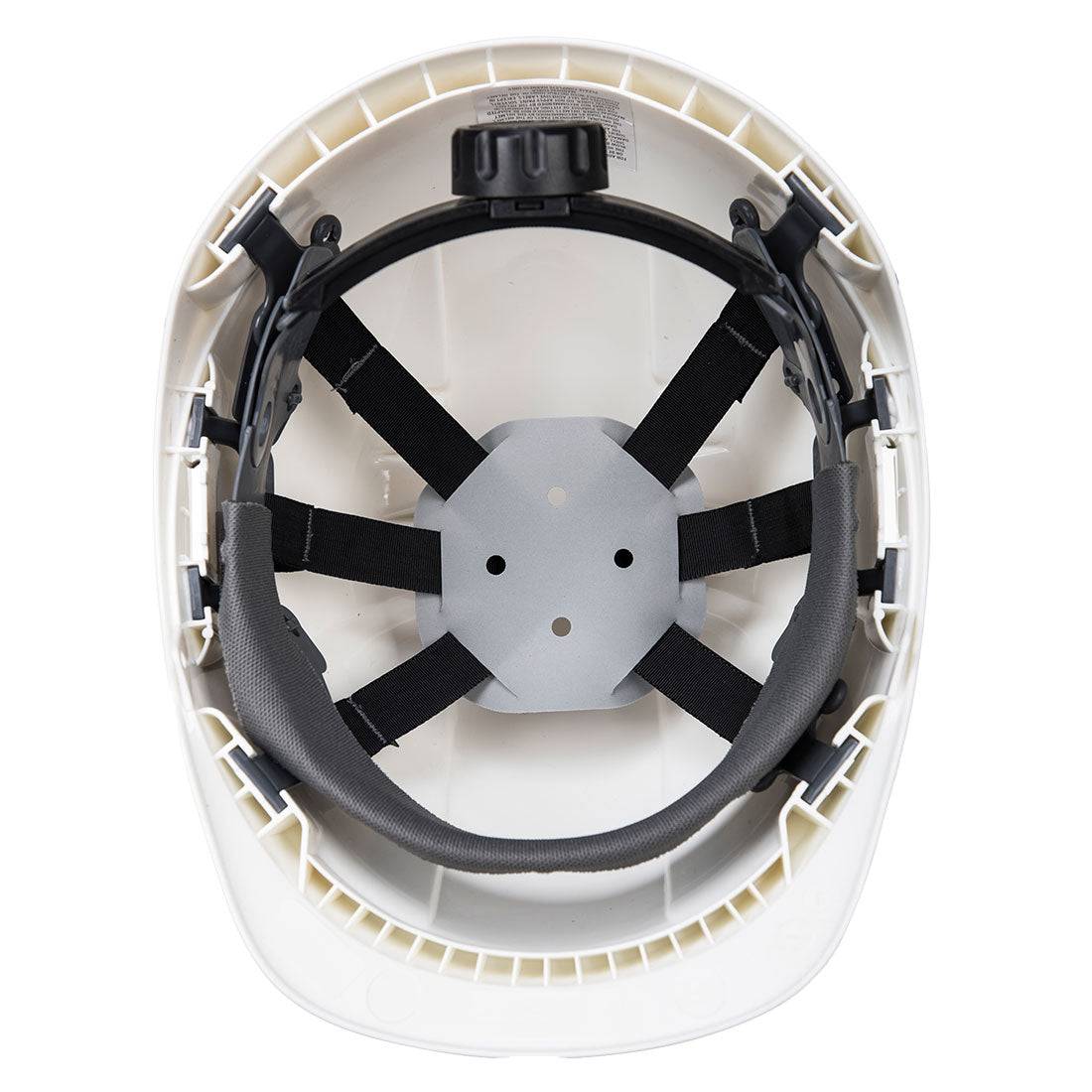 Innenansicht des weißen Portwest Endurance Helms PB55 mit gepolstertem Stirnband und verstellbarem Kopfband für sicheren Sitz.