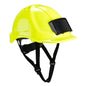 Leuchtgelber Portwest Endurance Helm PB55 mit Ausweisfach für erhöhte Sichtbarkeit und Zugangskontrolle im industriellen Einsatz.