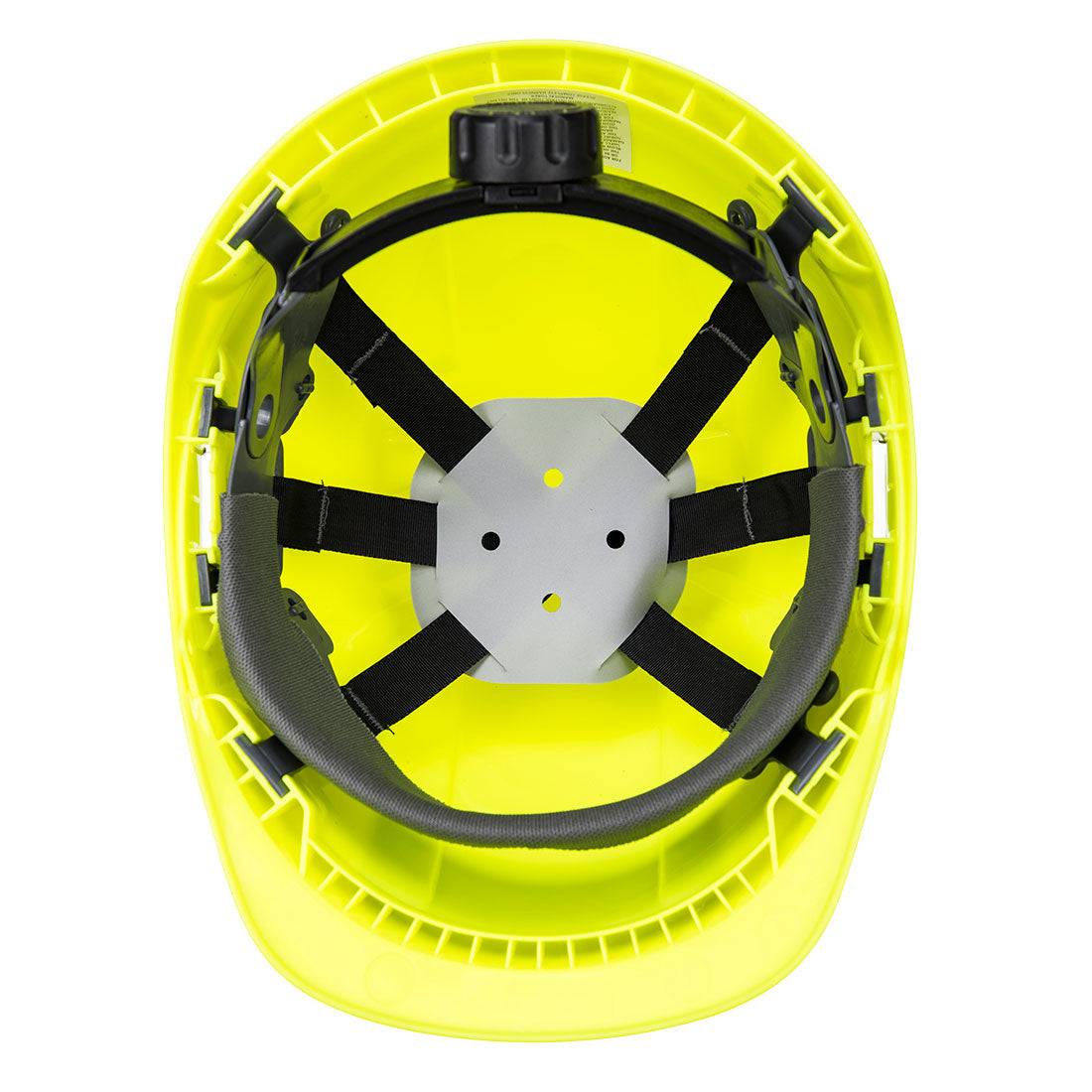 Innenansicht des gelben Portwest Endurance Helms PB55 mit verstellbarem Innenfutter und Drehverschluss für optimalen Tragekomfort.