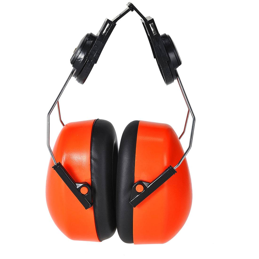 Kapselgehörschutz Clip-On -PS47 in Warnorange von Portwest Endurance, kompatibel mit Schutzhelmen PS53 bis PS51, ideal für Baustellen.