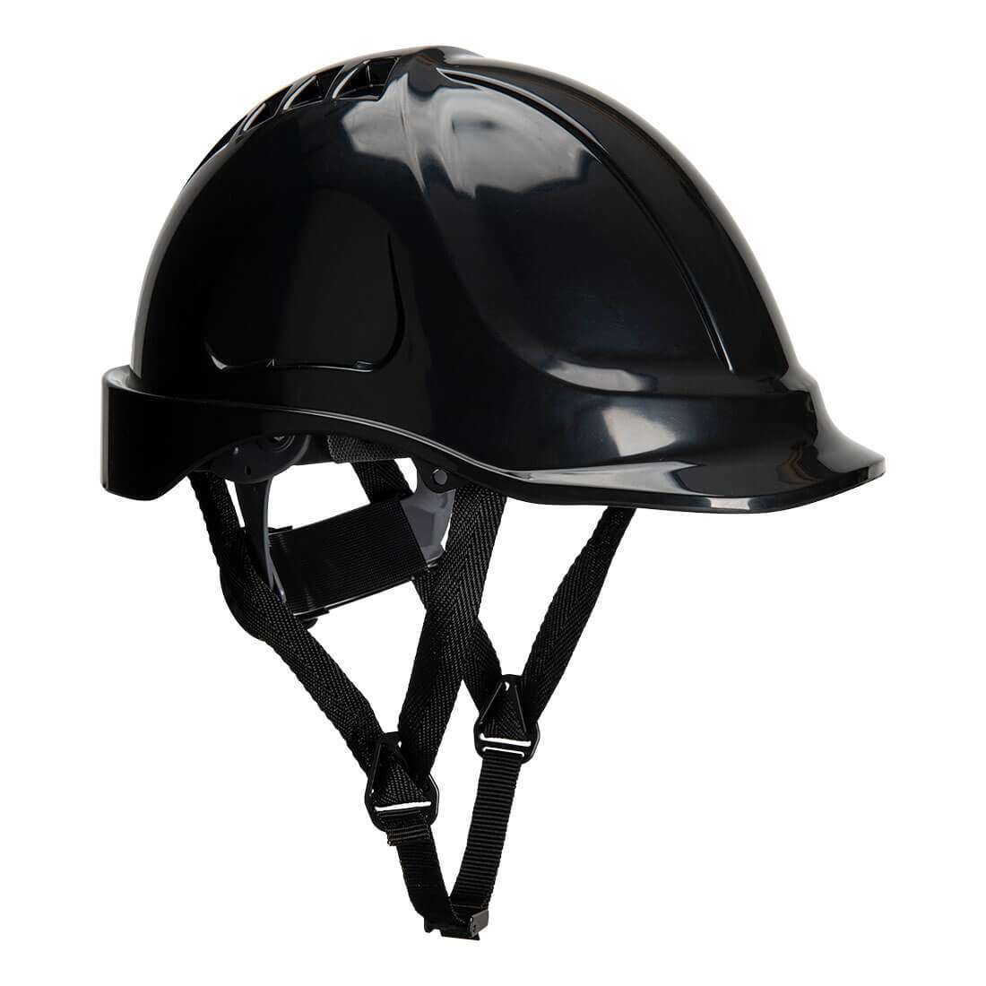 Schwarzer Portwest PS54 Endurance Schutzhelm mit Kinnriemen, CE-Zertifizierung und optimaler Sicherheit für elektrische Anwendungen.