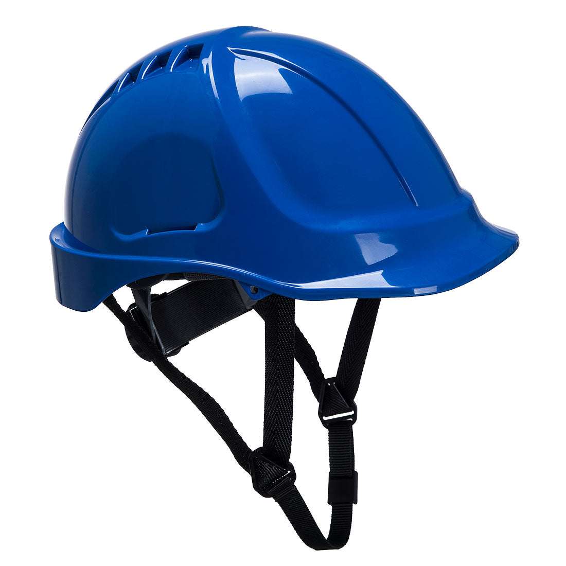 Blauer Portwest Schutzhelm PS54 mit robuster ABS-Schale und 6-Punkt-Gurt für zuverlässigen Kopfschutz bei elektrischen Arbeiten.