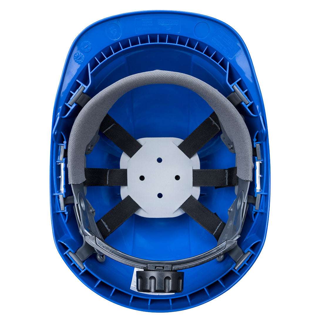Innenansicht des blauen Portwest PS54 Endurance Schutzhelms mit CE-konformer Sicherheitsausstattung und Belüftungssystem.