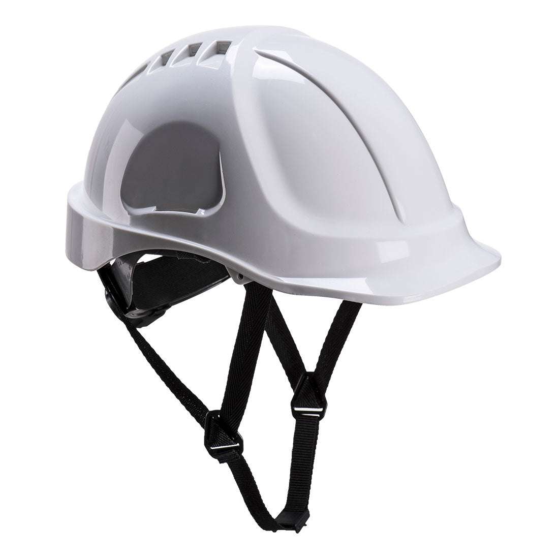 Weißer Portwest PS54 Endurance Schutzhelm mit elektrischer Isolierung und CE-Zertifizierung für sicheres Arbeiten im Industriebereich.
