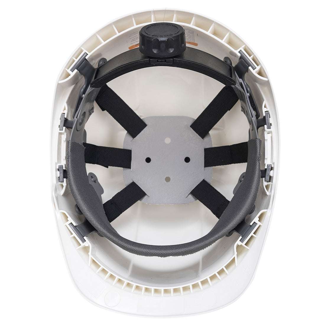 Innenansicht des weißen PS54 Schutzhelms von Portwest mit gepolstertem Stirnband und verstellbarem Tragesystem.