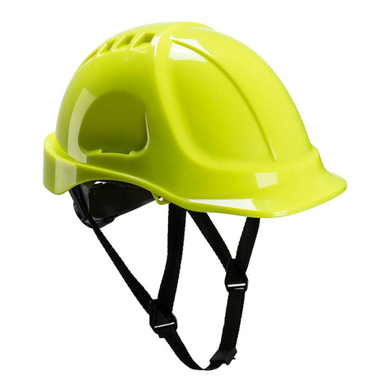 Portwest Schutzhelm PS54 in Gelb mit 6-Punkt-Gurt und elektrischer Isolierung für sicheres Arbeiten in Industrieumgebungen.